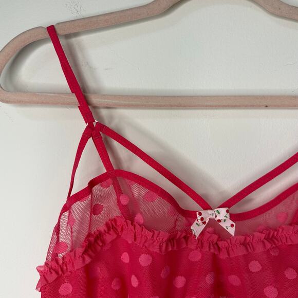 L Betsey Johnson Sheer Pink Polka Dot Mesh Slip Dress Cherry Bow Coquette Kawaii - Picture 7 of 8